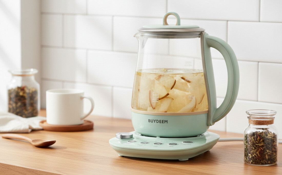 Czajnik BUYDEEM K1594T z funkcją parowaru, regulacją temperatury i zaparzaczem Miętowy wygląd prezentacja wizualizacja design Wielofunkcyjne gotowanie Wielozadaniowe gotowanie