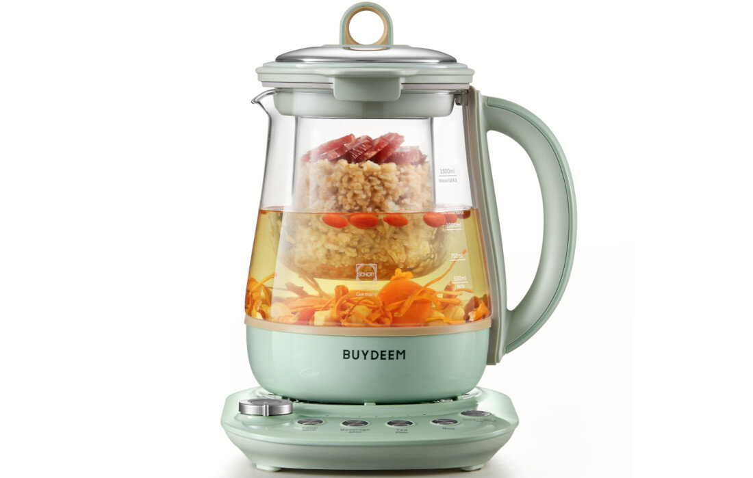 Czajnik BUYDEEM K1594T z funkcja parowaru, regulacją temperatury i zaparzaczem Miętowy Funkcje 10 w 1 funkcję czajnika, parowaru i zaparzacza programy do zup, owsianki, sosów oraz jogurtu możliwość tworzenia różnych potraw