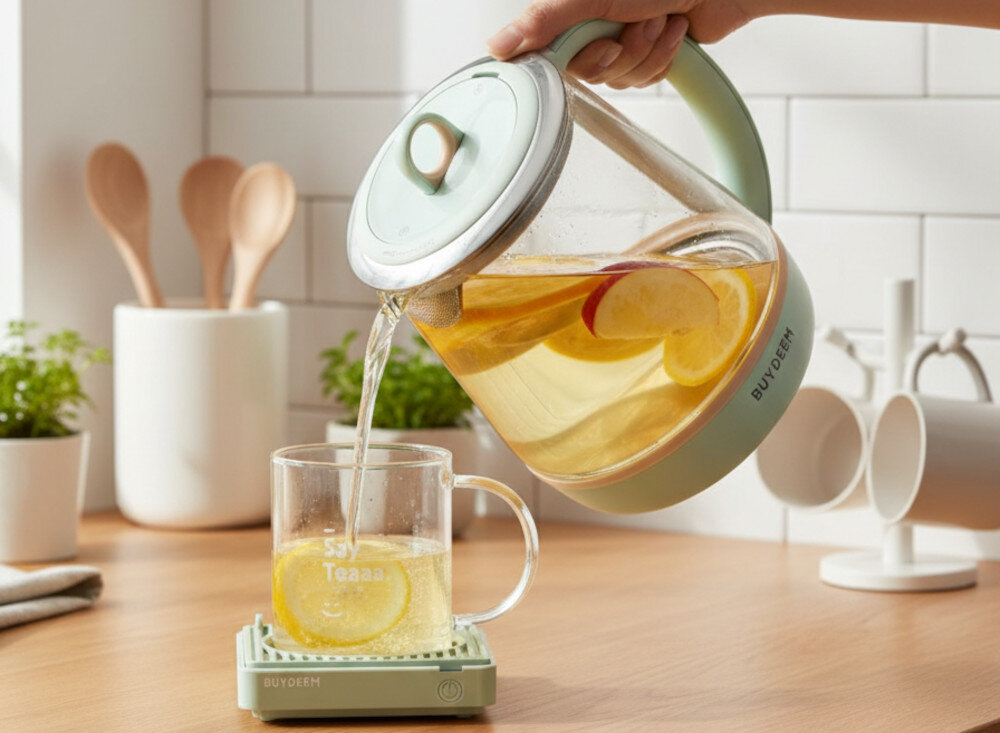 Czajnik BUYDEEM K1594T z funkcja parowaru, regulacją temperatury i zaparzaczem Miętowy Bezpieczeństwo użytkowania Nóżki antypoślizgowe ergonomiczny uchwyt ułatwienie