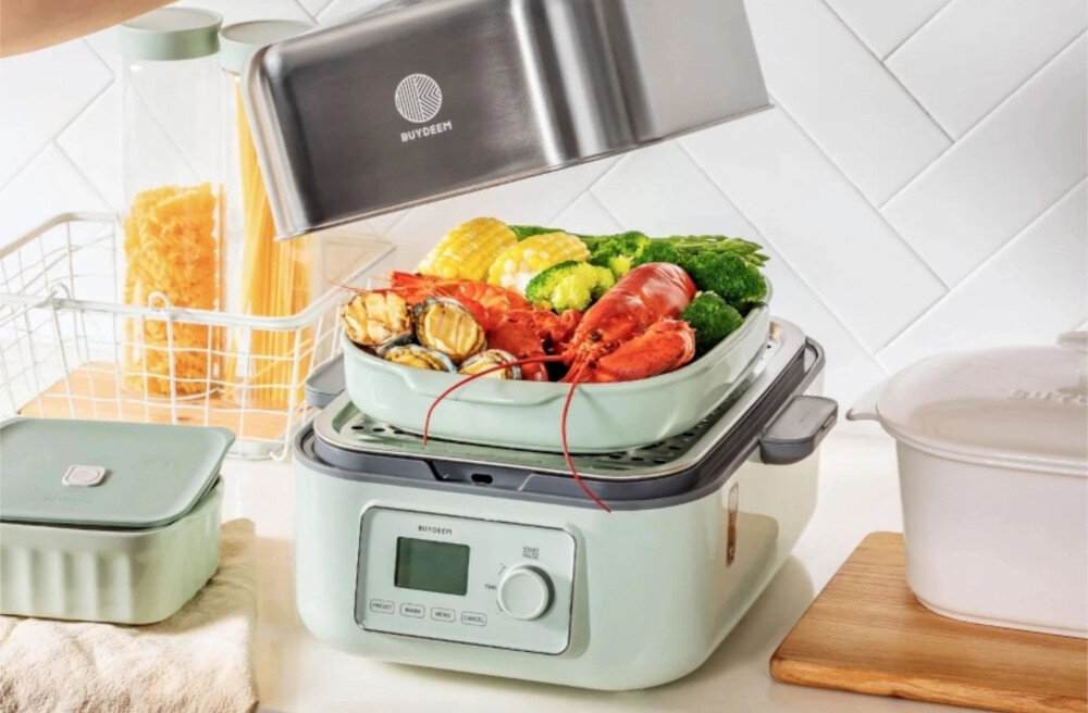 Parowar BUYDEEM G564-CG/EU Miętowy zdjęcie lifestyle Moc 1500 W warzywa, mięso i inne składniki