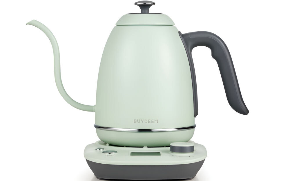 Czajnik BUYDEEM K821 Miętowy czajnik gęsia szyjka miętowy podstawka przyciski wyświetlacz ciemna rączka białe tło gęsia szyjka lata 50-te styl vintage unikalna kolorystyka struktura retro design elegancja pojemność 800 ml stylowy wygląd funkcjonalność ergonomiczny uchwyt wygoda precyzyjna wylewka kontrolowanie nalewania wody dla miłośników retro praktyczne rozwiązania 