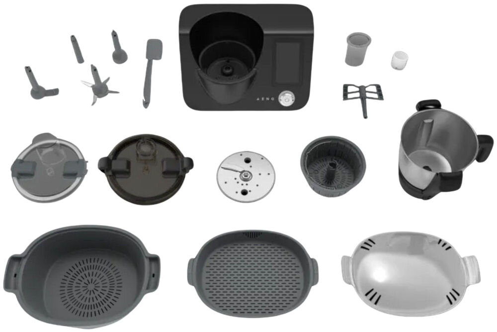 Wielofunkcyjny robot kuchenny AENO ACR0001S GastroLab CR1S (WiFi) z funkcją gotowania, wbudowaną wagą i z dostępem do ponad 150 przepisów misa pokrywa do misy dwustronna tarcza krojąca podwójny dwustronny nóż kosz do gotowania na parze koszyk przystawka miksująca pokrywa koszyka do gotowania na parze wkładka koszyka do gotowania na parze pokrywa kielicha miarka szpatułka popychacz uchwyt do akcesoriów dokumentacja