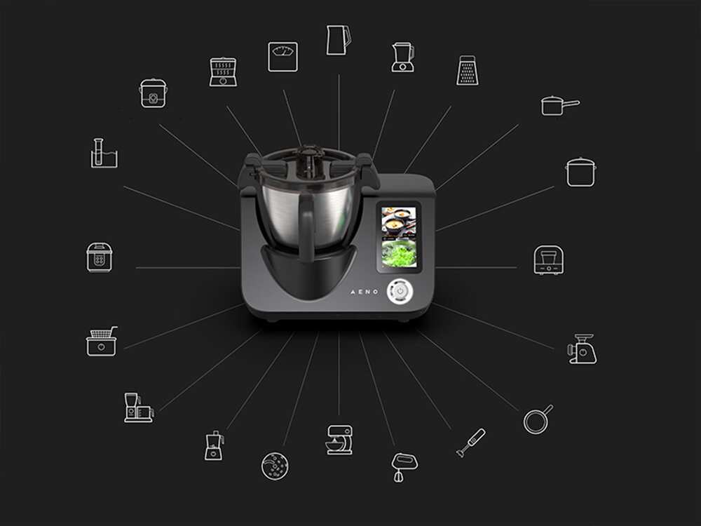 Wielofunkcyjny robot kuchenny AENO ACR0001S GastroLab CR1S (WiFi) z funkcją gotowania, wbudowaną wagą i z dostępem do ponad 150 przepisów czarne tło urządzenie wyświetlacz rozgałęzienia od robota ilustracje urządzeń eleganckie minimalistyczne urządzenie funkcje ponad 20 różnych sprzętów mikser blender sous vide wolnowar oszczędność czasu przestrzeni w kuchni uproszczenie przygotowanych posiłków wydajność wygoda porządek prostota