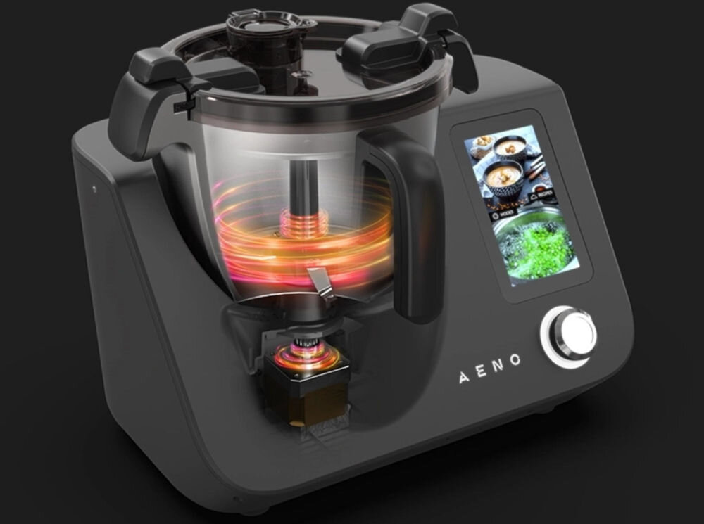 Wielofunkcyjny robot kuchenny AENO ACR0001S GastroLab CR1S (WiFi) z funkcją gotowania, wbudowaną wagą i z dostępem do ponad 150 przepisów czarny robot wyświetlacz pokrętło pokazana praca silnika wewnątrz urządzenia potężny silnik maksymalna moc 1000 W nominalna moc 600 W z każdym kuchennym zadaniem stabilna moc do mielenia mięsa na domowe kiełbasy blendowania zup na gładkie kremy dla pasjonatów gotowania