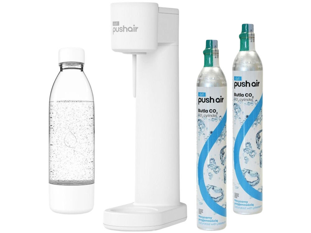 Saturator DAFI PushAir Biały z dwoma nabojami + butelka 1 x butelka 0,7 l 2 x nabój CO2 dokumentacja białe tło