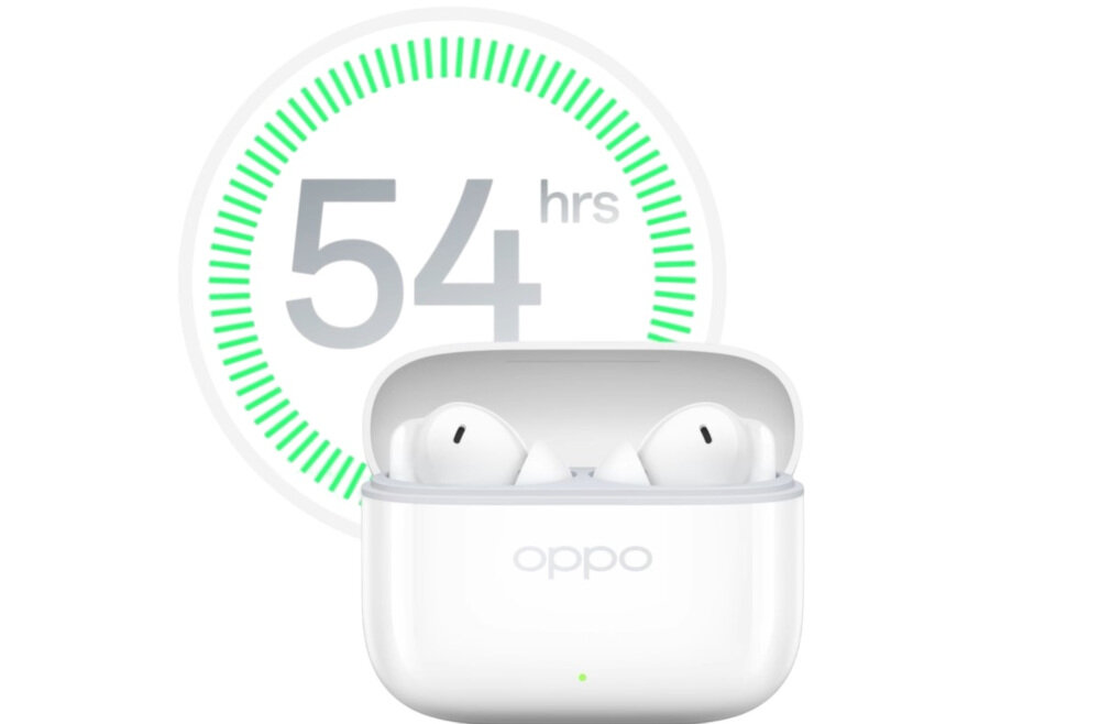 Słuchawki OPPO Enco Buds3 Pro czas pracy 54 godziny etui ładujące, słuchawki dokanałowe z etui ładującym na białym tle z logo 54 hrs