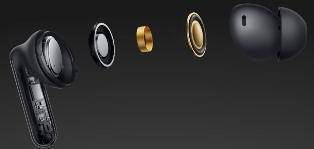 Słuchawki OPPO Enco Buds3 Pro 12.4mm przetwornik tytanowa membrana mocny bas, przekrój słuchawek dokanałowych na czarnym tle