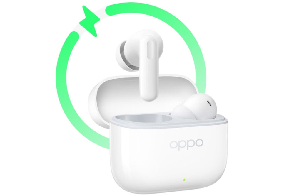 Słuchawki OPPO Enco Buds3 Pro szybkie ładowanie USB-C 10 minut 4 godziny odtwarzania, słuchawki dokanałowe z etui ładującym po skosie na białym