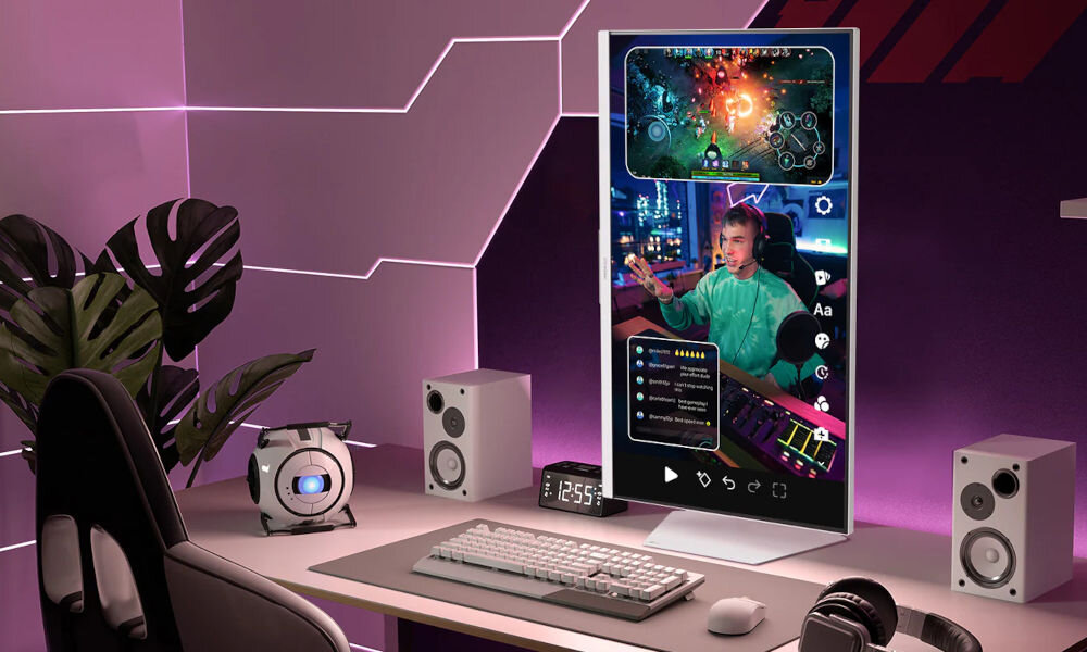 Monitor LG UltraGear 32G810SA-W.AEU 31.5 3840x2160px IPS 144Hz 1 ms [GTG] z obróconym monitorem w trybie pionowym podstawka schludny wygląd