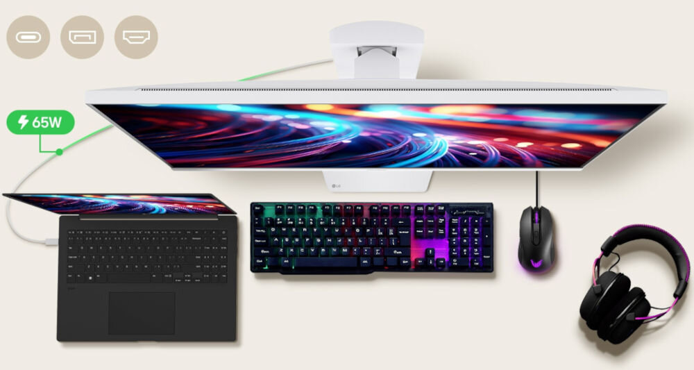 Monitor LG UltraGear 32G810SA-W.AEU 31.5 3840x2160px IPS 144Hz 1 ms [GTG] podłączenie do laptopa klawiatury muszy szybkość ładowania 65 W