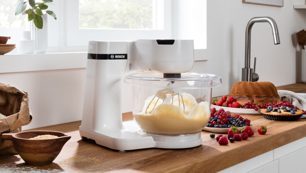Robot kuchenny planetarny BOSCH MUMS2TW00 biały robot stoi na blacie miksuje masę w przezroczystej misie kuchenny kompan