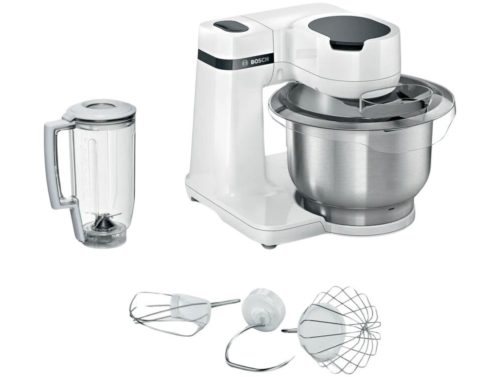 Robot kuchenny planetarny BOSCH MUMS2EW11 z blenderem kielichowym misa pokrywa ochronna końcówka do ubijania hak do wyrabiania ciasta końcówka do mieszania blender kielichowy dokumentacja białe tło