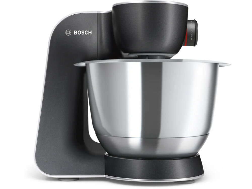 Robot kuchenny planetarny BOSCH MUM58M59 z blenderem kielichowym i funkcją krojenia w kostkę czarny robot srebrna misa białe tło w każdej kuchni kompaktowym wymiarom (282 x 280 x 271 mm) małe rozmiary bogaty zestaw akcesoriów ergonomiczna budowa solidne materiały funkcjonalność oszczędność miejsca
