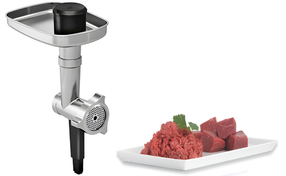 Robot kuchenny planetarny BOSCH MUM58M59 z blenderem kielichowym i funkcją krojenia w kostkę maszynka do mielenia mięsa srebrno czarna obok na talerzyku zmielone mięso i pokrojone w kostkę białe tło Solidna, metalowa maszynka do mielenia przetwarza mięso, ryby, sery, owoce oraz warzywa zmielenie składników oszczędność czasu i wysiłku z trwałych materiałów długa żywotność płynne działanie praktyczne narzędzie proste przyjemne gotowanie