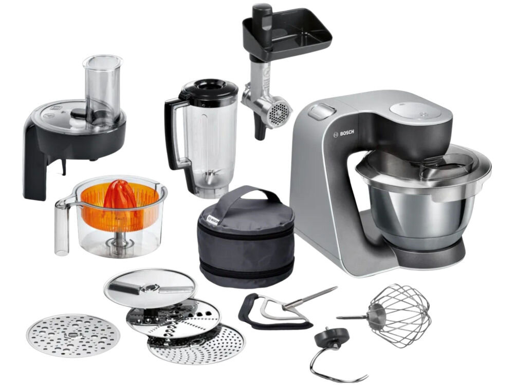 Robot kuchenny planetarny BOSCH MUM58M59 z blenderem kielichowym i funkcją krojenia w kostkę misa pokrywa ochronna maszynka do mielenia mięsa blender kielichowy wyciskarka do cytrusów rozdrabniacz do warzyw i owoców hak do wyrabiania ciasta końcówka do ubijania mieszadło 3 x tarcza z otworami etui do przechowywania wyposażenia dokumentacja.
