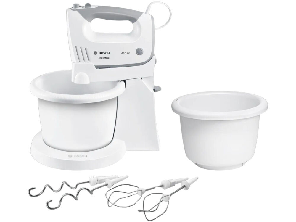 Mikser BOSCH ErgoMixx MFQ36465 Biały 2 misy stojak 2 końcówki do mieszania  2 haki do zagniatania ciasta  dokumentacja białe tło