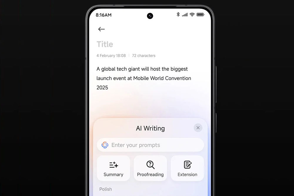 Smartfon XIAOMI Poco F7 Pro 5G 12/512GB 6.67 120Hz zbliżenie na ekran z aktywnym asystentem pisania AI przetwarzanie multimedialne pisanie SI rozpoznawanie mówców
