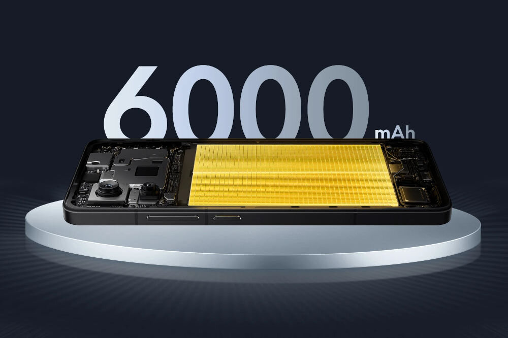 Smartfon XIAOMI Poco F7 Pro 5G 12/512GB 6.67 120Hz widoczna bateria i napis 6000 mAh do 15 godzin działania do 16 godzin wideo do 11 godzin nawigacji szybkie ładowanie 90W czas ładowania żywotność baterii
