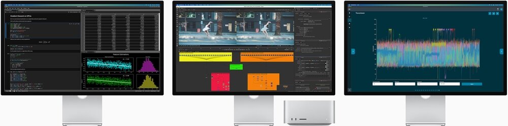 Mac Studio podczas pracy z 3 monitorami