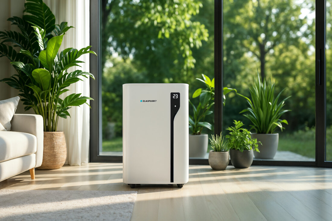 Klimatyzator BALUPUNKT ACP414H Całoroczny komfort w domu prezentacja wizualizacja wygląd design zdjęcie lifestyle na domowym tle na tle roślin