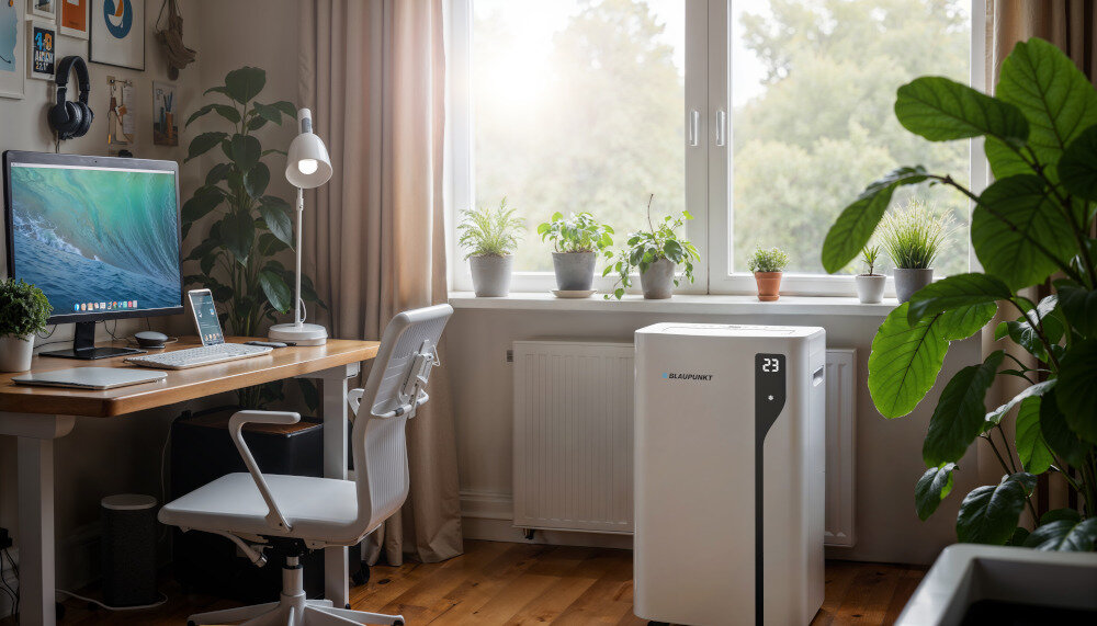 Klimatyzator BALUPUNKT ACP414H Chłód i ciepło w jednym niezależnie od pory roku Funkcja chłodzenia ogrzewanie zdjęcie lifestyle domowe tło z tyłu okno po lewej biurko z monitorem