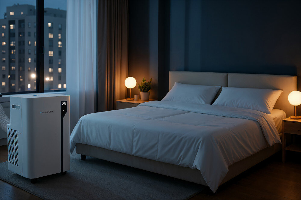 Klimatyzator BALUPUNKT ACP414H Cicha praca technologia redukcji hałasu pracować, odpoczywać lub oglądać telewizję zdjęcie lifestyle na tle sypialni