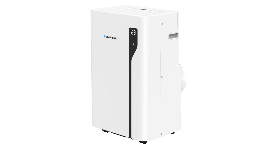 Klimatyzator BALUPUNKT ACP414H Mobilność i szybki montaż Kółka transportowe Prosty montaż na białym tle ukosem