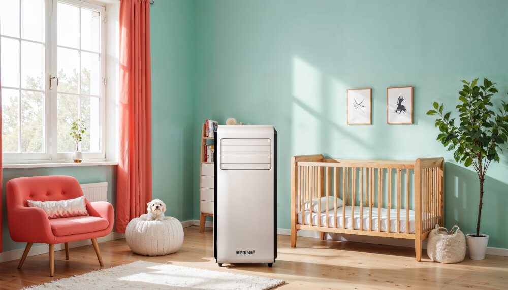 W jasnym pokoju dziecięcym znajduje się przenośny klimatyzator z logo PRIME3, obok drewnianego łóżeczka i czerwonego fotela. Na podłodze stoi biały puf z małym psem, a w tle widać duże okno z zasłonami.