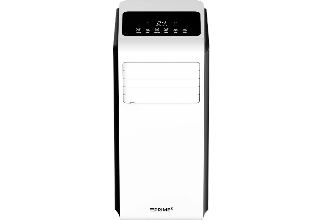 Biały klimatyzator przenośny z czarnym panelem sterowania na górze, wyświetlający temperaturę 24. Logo PRIME3 znajduje się na dole urządzenia.