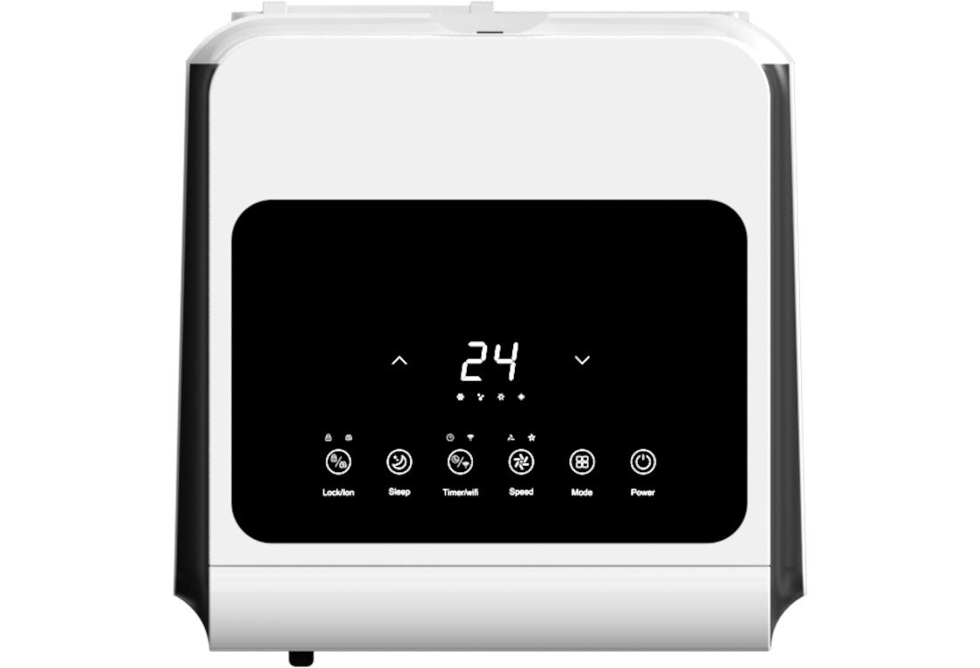 Panel sterowania klimatyzatora z wyświetlaczem pokazującym liczbę 24 oraz ikonami: Lock, Sleep, Timer/Off, Speed, Mode, Power.