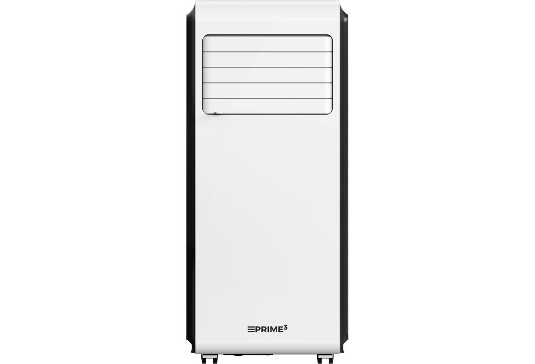 Biały klimatyzator przenośny z widocznymi poziomymi żaluzjami na górze. Na dole znajduje się logo \'PRIME3\'.