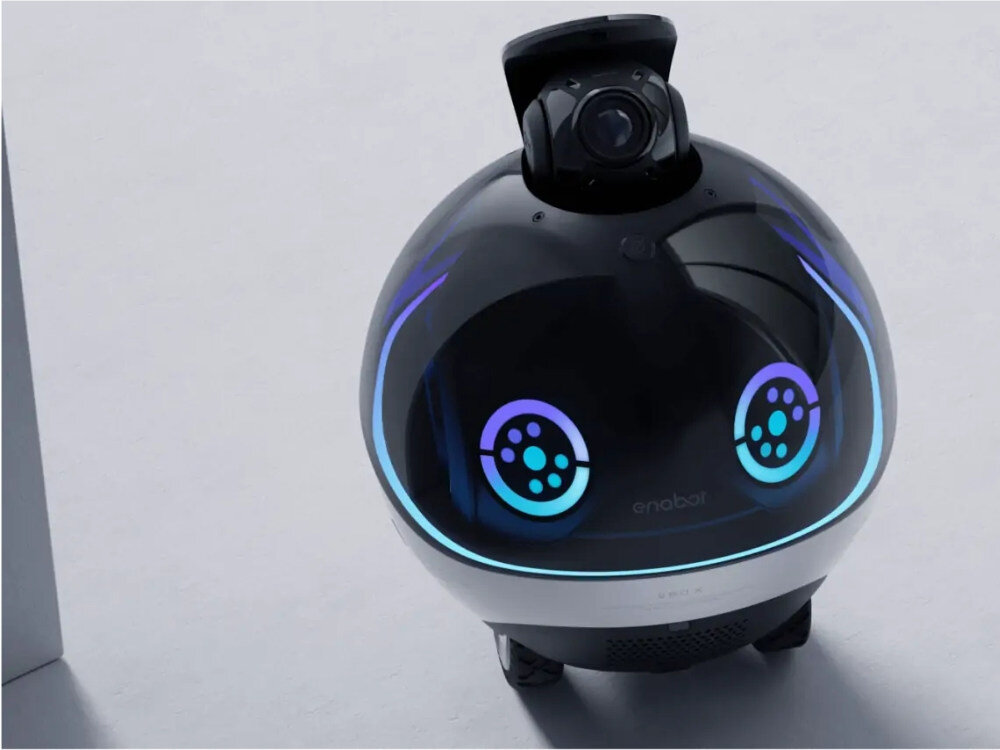 Inteligentny robot ENABOT Ebo X Biały opiekun domu monitoruje Twoje mieszkanie ruchy dźwięki technologia V-SLAM tworzy mapę przestrzeni powiadamia użytkownika poprzez aplikację mobilną