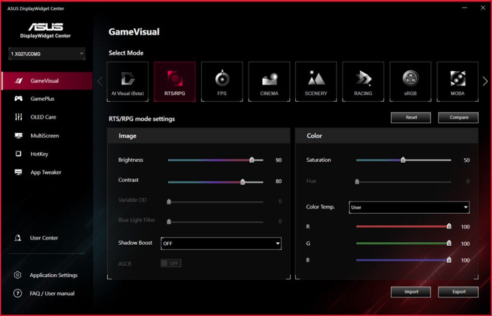 Monitor ASUS ROG Strix OLED XG27UCDMG Zrzut ekranu z aplikacji 'DisplayWidget Center' pokazujący panel wyboru trybów obrazu takich jak 'RTS/RPG', 'FPS' czy 'Cinema', technologie, podstawa, gniazdo na statyw