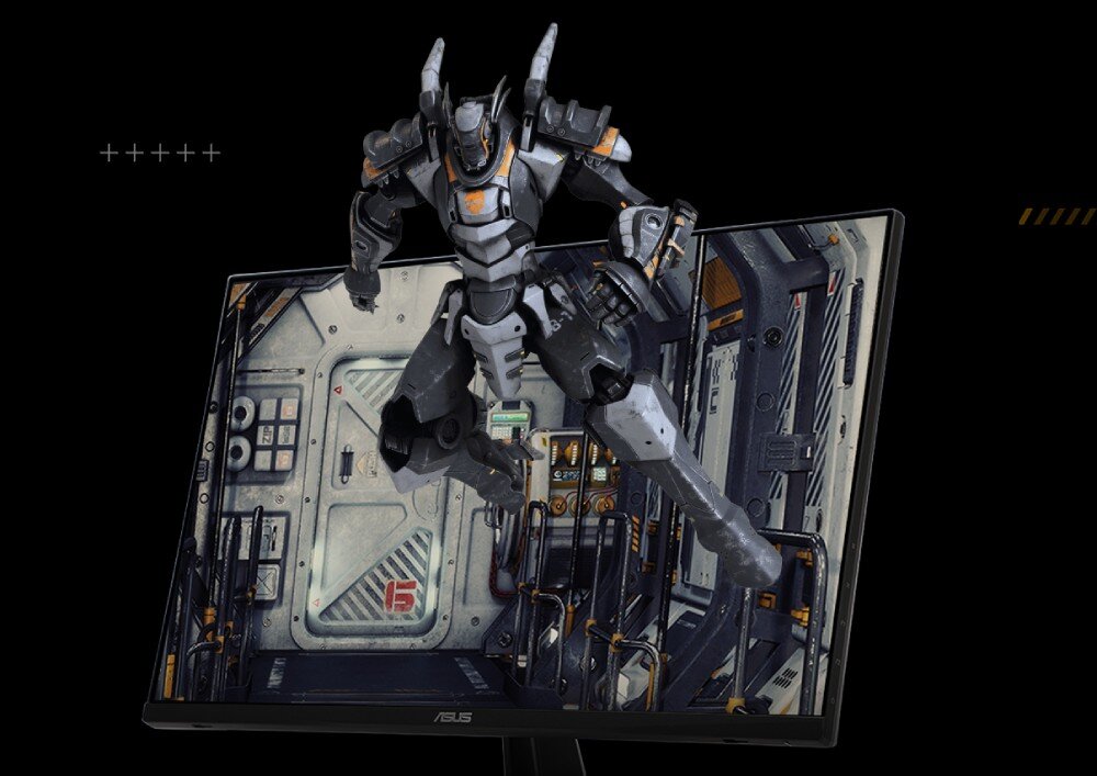 Monitor ASUS TUF Gaming VG27UQ1A Monitor z cienką ramką wyświetlający wnętrze futurystycznego pomieszczenia, z postacią robota wojownika wyglądającą jakby wychodziła z ekranu, synchronizacja, G-SYNC, FreeSync Premium, ELMB Sync