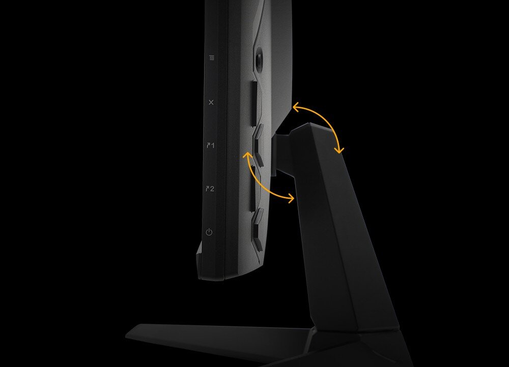 Monitor ASUS TUF Gaming VG27UQ1A Zbliżenie na prawą stronę monitora z widocznymi przyciskami sterującymi i schematem ruchu uchylnego podstawy, konstrukcja, regulacja pochylenia, mocowanie VESA, głośniki