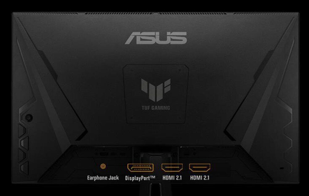Monitor ASUS TUF Gaming VG27UQ1A Tył monitora z logo producenta, oznaczeniami 'TUF Gaming' i podpisanymi portami: gniazdo słuchawkowe, DisplayPort oraz dwa porty HDMI 2.1, porty, wejścia, podłączenie