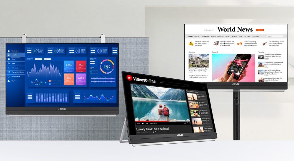 Monitor ASUS ZenScreen MB27ACF Trzy monitory ustawione obok siebie, jeden zawieszony na ściance działowej z widocznymi wykresami, drugi na biurku z filmem podróżniczym, trzeci na ramieniu z wyświetloną stroną internetową, przeznaczenie, zalety, cechy