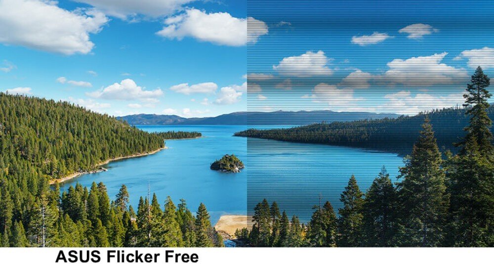 Monitor ASUS ZenScreen MB27ACF Porównanie obrazu jeziora i lasu, lewa część zdjęcia jest wyraźna, prawa pokazuje obraz z poziomymi zakłóceniami, ochrona oczu, niebieskie światło, migotanie