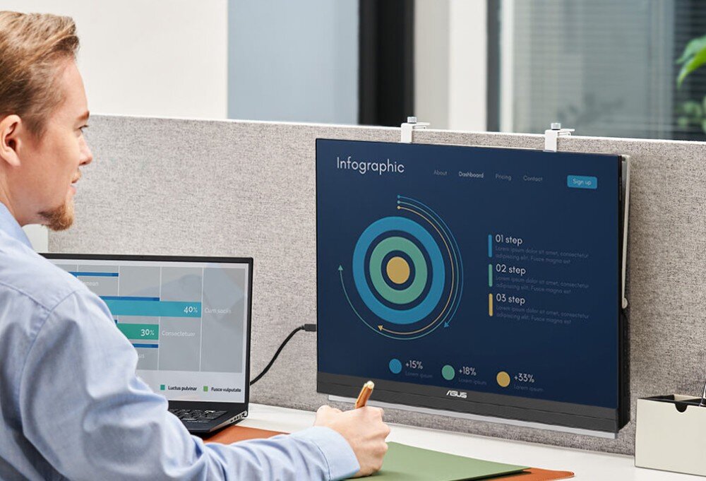 Monitor ASUS ZenScreen MB27ACF Mężczyzna siedzi przy biurku w biurze, przed nim monitor zawieszony na ściance działowej z widoczną infografiką, waga, zawieszenie na ścianie, montaż