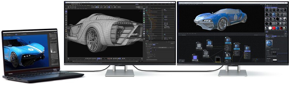 Na obrazie widoczne są trzy ekrany, z których dwa to duże monitory, a jeden to laptop. Na ekranach wyświetlane są grafiki 3D samochodu oraz interfejsy programów do modelowania.