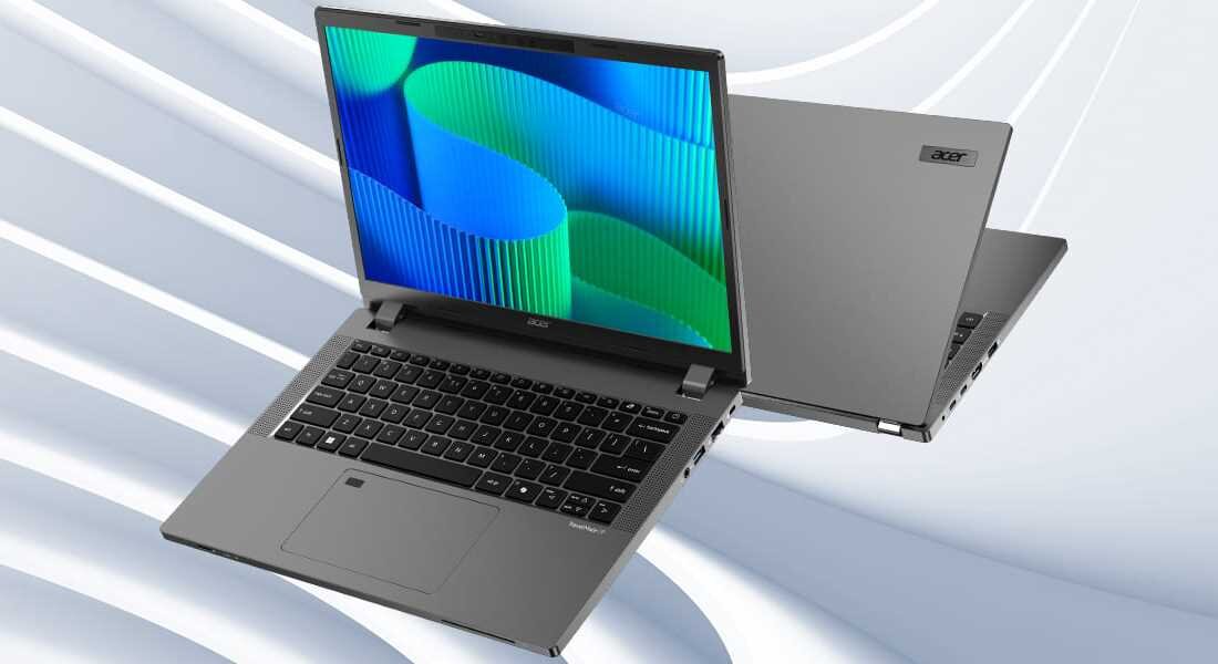 Laptop ACER TravelMate P2 - Laptop ACER TravelMate P2 umieszczony na tle w odcieniach szarego, łączący estetykę z wydajnością w codziennym użytkowaniu.  