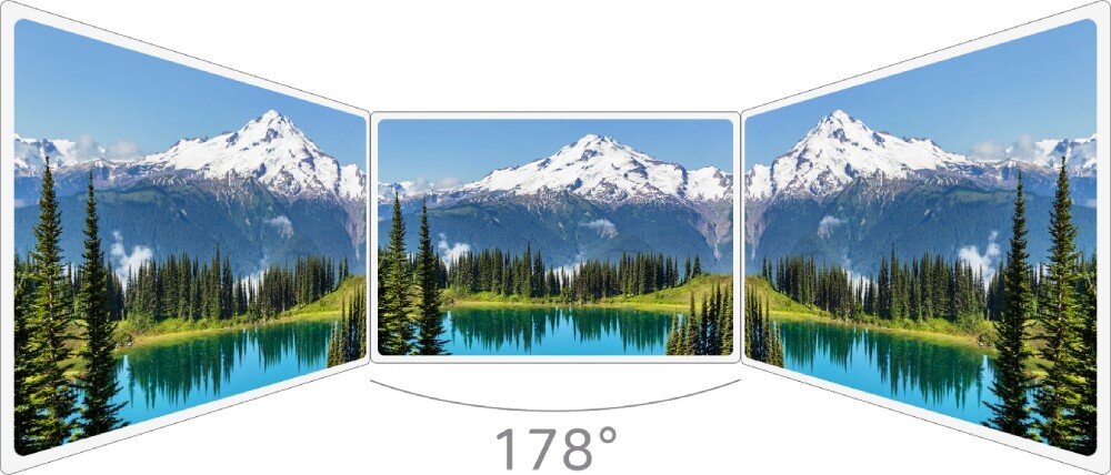 Monitor ACER PM161Q B1 Grafika przedstawiająca trzy identyczne krajobrazy górskie w układzie panoramicznym, pokazująca szeroki kąt widzenia 178 stopni. Na środku znajduje się bezpośredni widok na jezioro i góry, po bokach te same obrazy widziane pod kątem, technologia IPS, kąty widzenia, głośniki