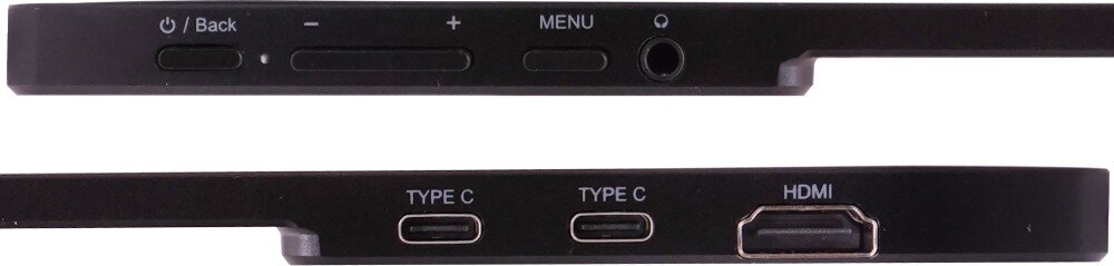 Monitor ACER PM161Q B1 Zbliżenie na krawędź monitora z widocznymi przyciskami sterującymi, dwoma portami USB-C, jednym portem HDMI oraz gniazdem słuchawkowym. Przedstawione są również przyciski menu i regulacji głośności, porty, podłączenie