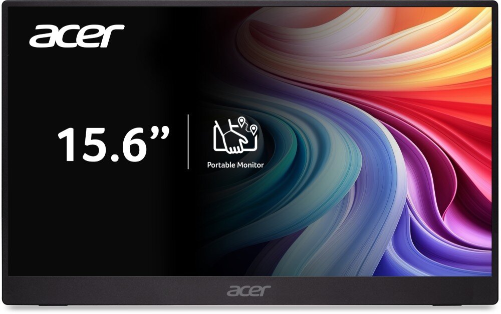 Monitor ACER PM161Q B1 Zdjęcie monitora z kolorowym ekranem i czarną grafiką po lewej stronie, informującą o przekątnej ekranu 15,6 cala, ochrona wzroku, jasność, matowa powłoka