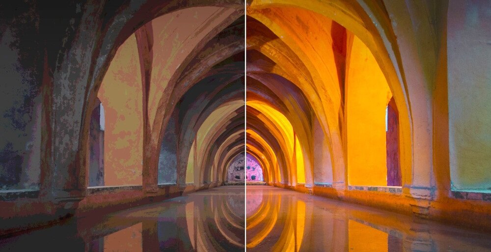 Telewizor THOMSON 43UG5C14 HDR10 jakość obrazu, obraz podzielony na dwie cześci z użyciem technologii i bez