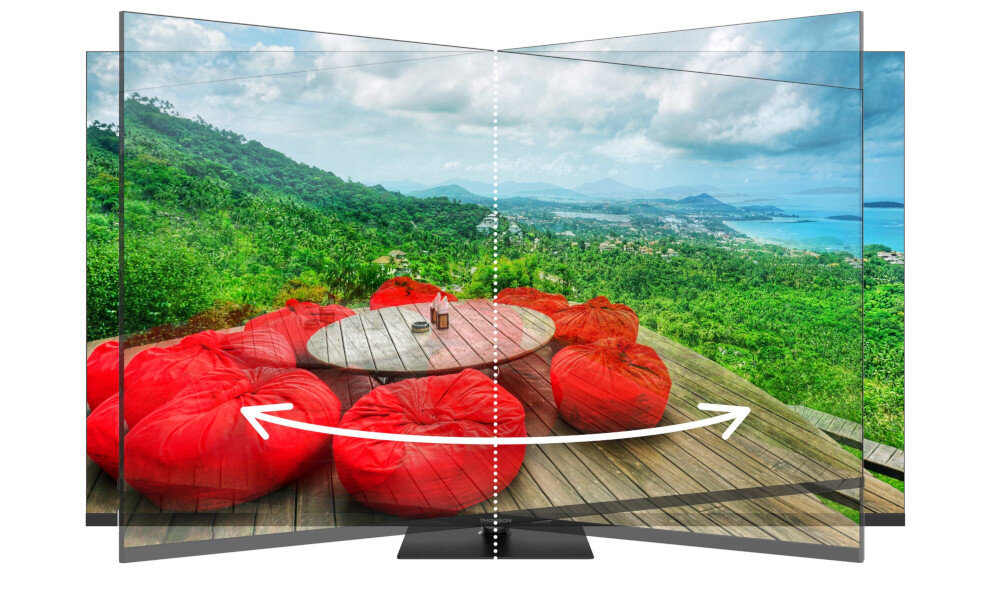 Telewizor THOMSON 65QG7C14 centralny stojak obrotowy, telewizor na stojaku obrotowym na białym tle