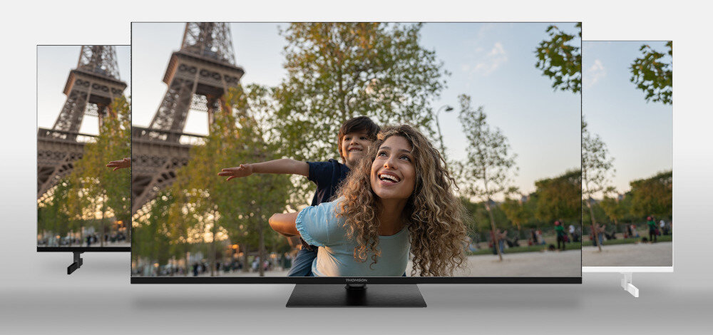 Telewizor THOMSON 43QG5C14 matryca 10-bitowa miliard kolorów HDR, telewizory od frontu na biało-szarym tle
