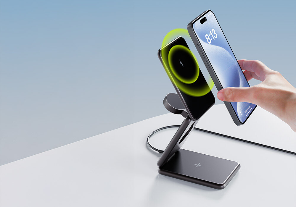 Ładowarka indukcyjna ALLITY 3w1 Magnetyczne mocowanie telefonu regulowany kąt nachylenia 15 W szybkie ładowanie Apple Watch (5 W) i AirPods (5 W)