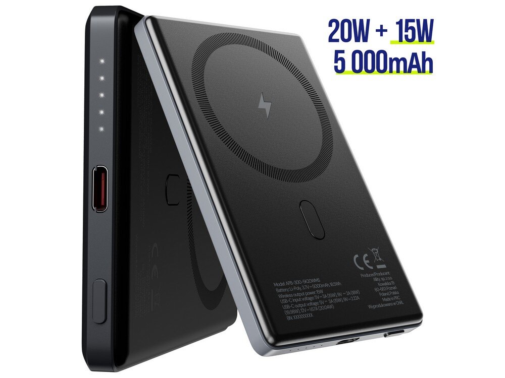 Powerbank bezprzewodowy ALLITY magnetyczny 20 W 5000 mAh port i magnes