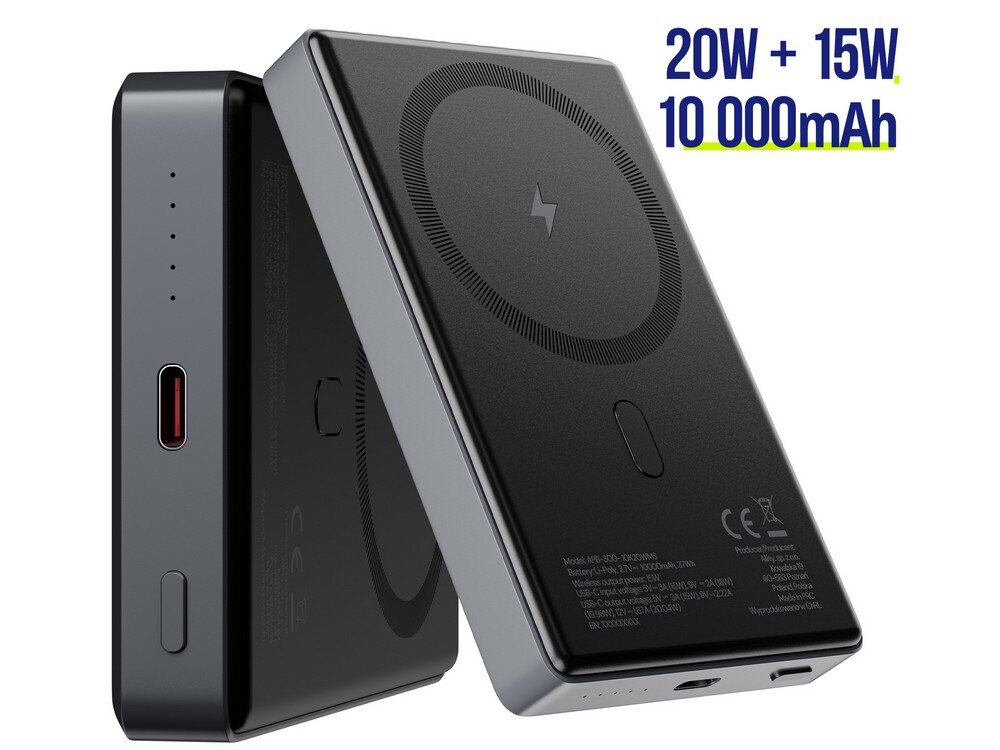 Powerbank bezprzewodowy ALLITY magnetyczny 20 W 10000 mAh port i ekran